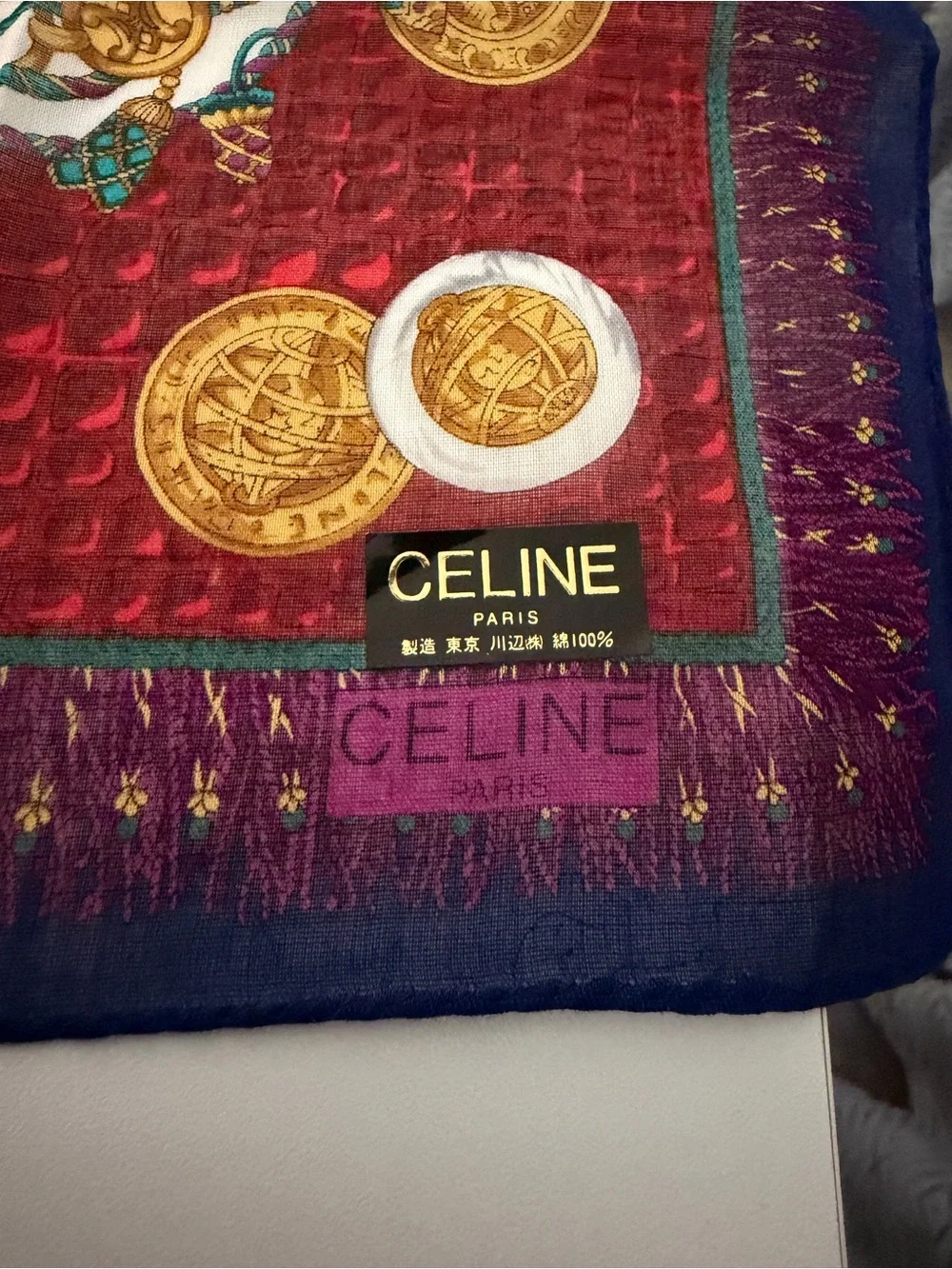 Vintage Celine Paris Cotton Scarf – Coin & Chain Medallion Print